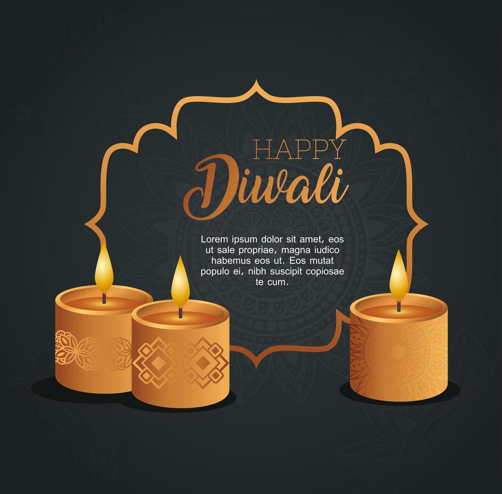 felice diwali in cornice con disegno vettoriale di candele