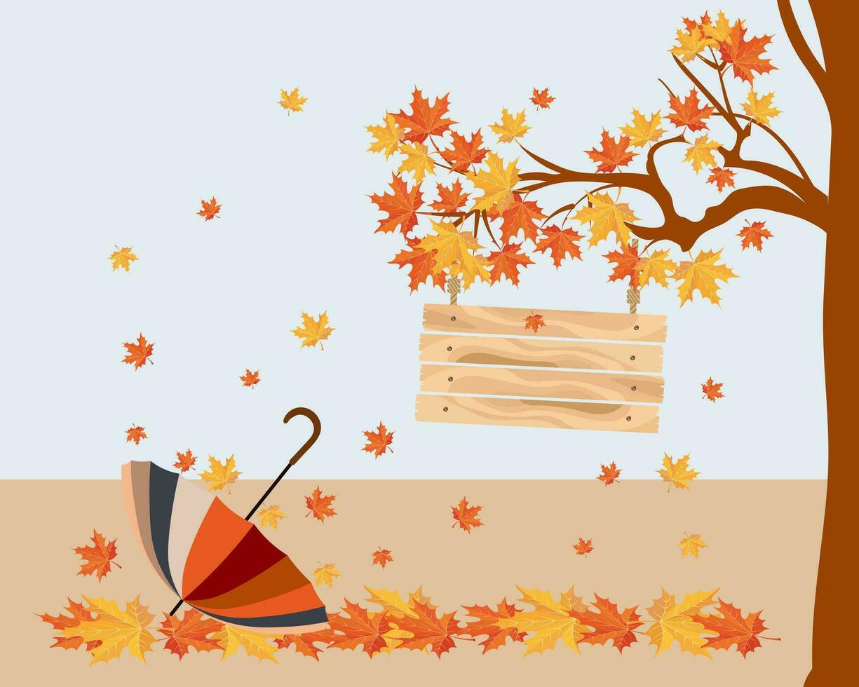 un' cartello a partire dal di legno tavole su un' albero con autunno acero le foglie e un ombrello. autunno illustrazione, vettore