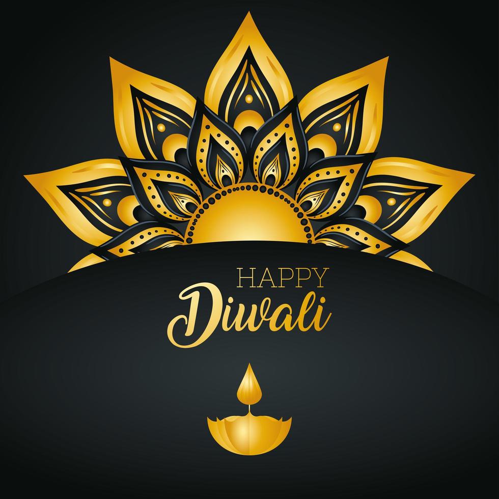 felice diwali con candela diya e disegno vettoriale mandala d'oro