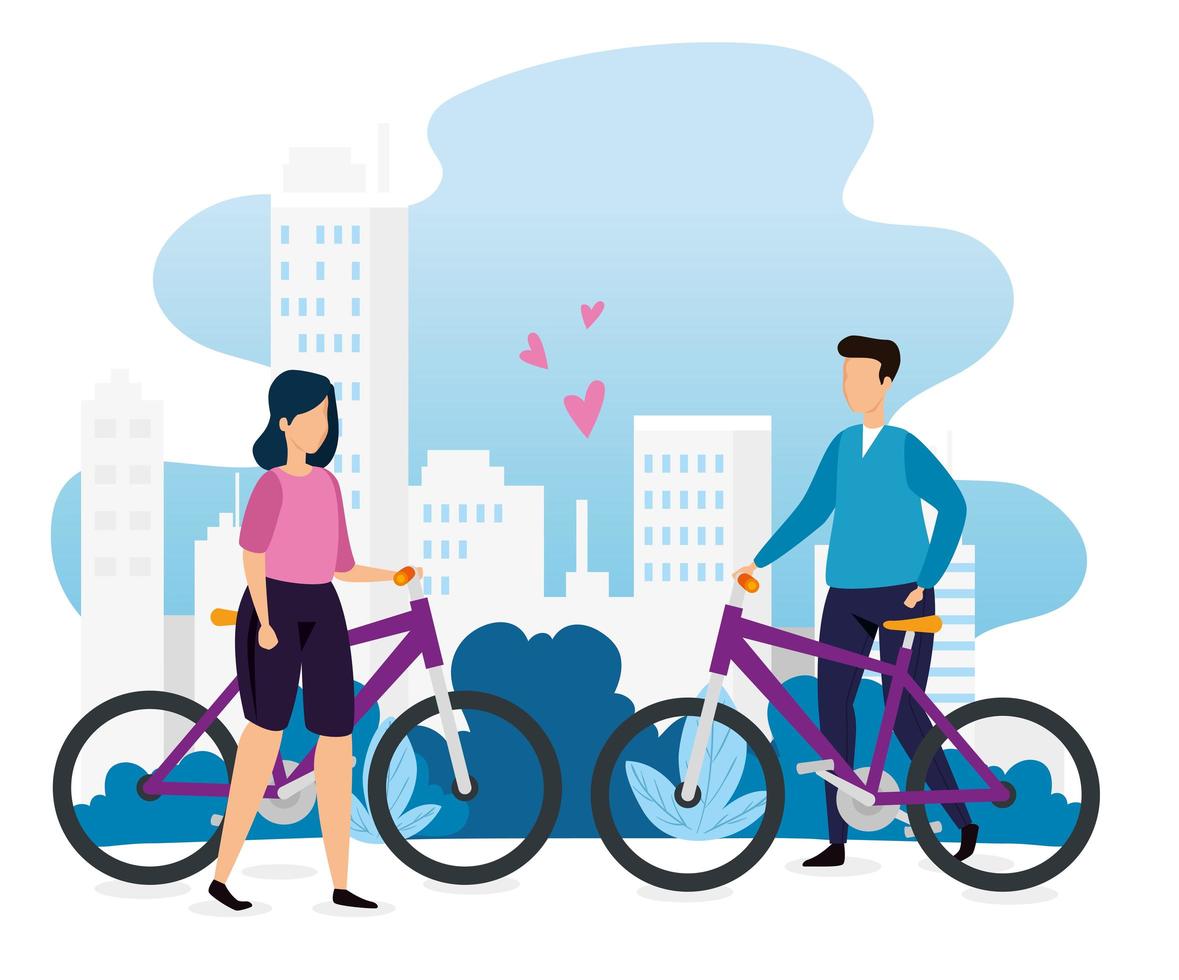edifici scena urbana con coppia in bici vettore