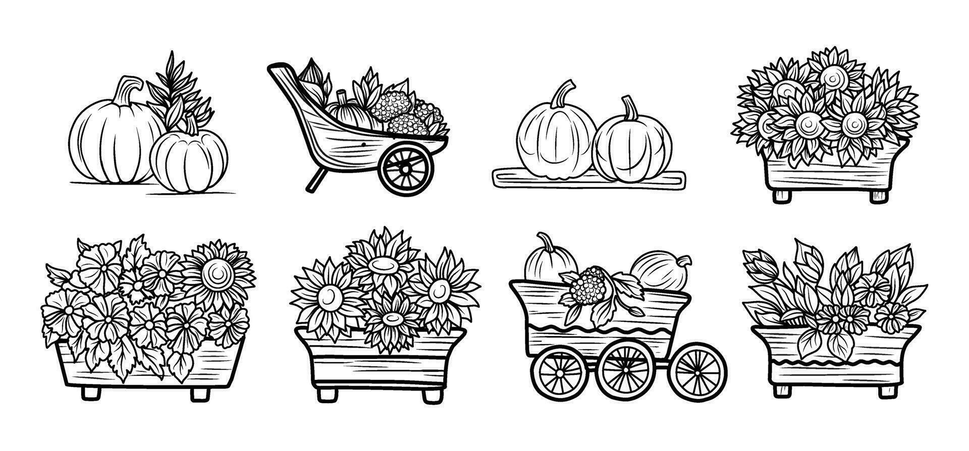 colorazione collezione per bambini. composizione con girasoli nel un' carriola, autunno tema colorazione prenotare, ringraziamento maglietta Stampa vettore