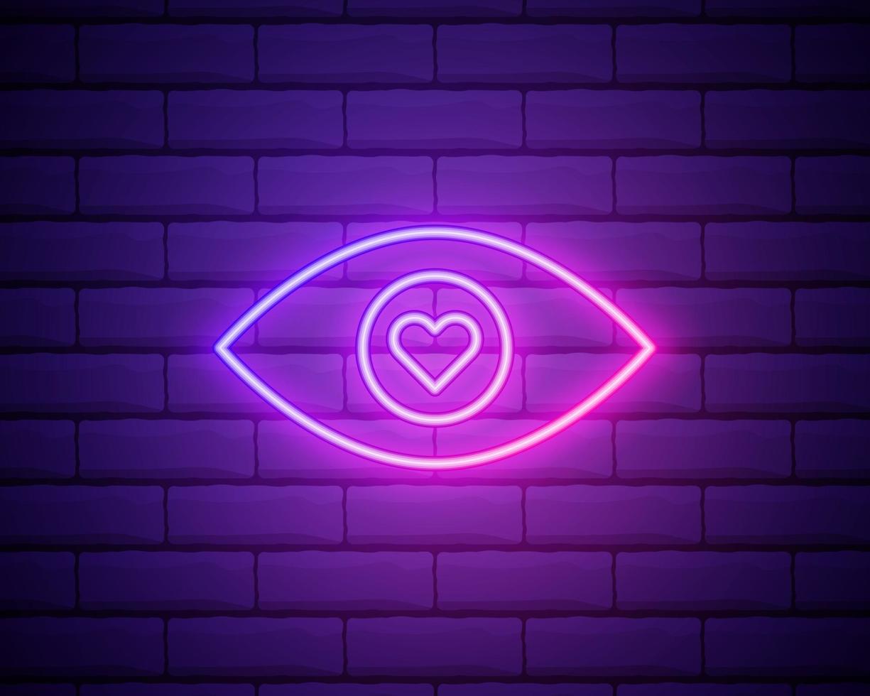 illustrazione al neon dell'occhio emoji innamorato. icona vettoriale di emoji innamorati dei cartoni animati con occhi a cuore in stile neon di contorno. emoticon incandescente isolata su un muro di mattoni