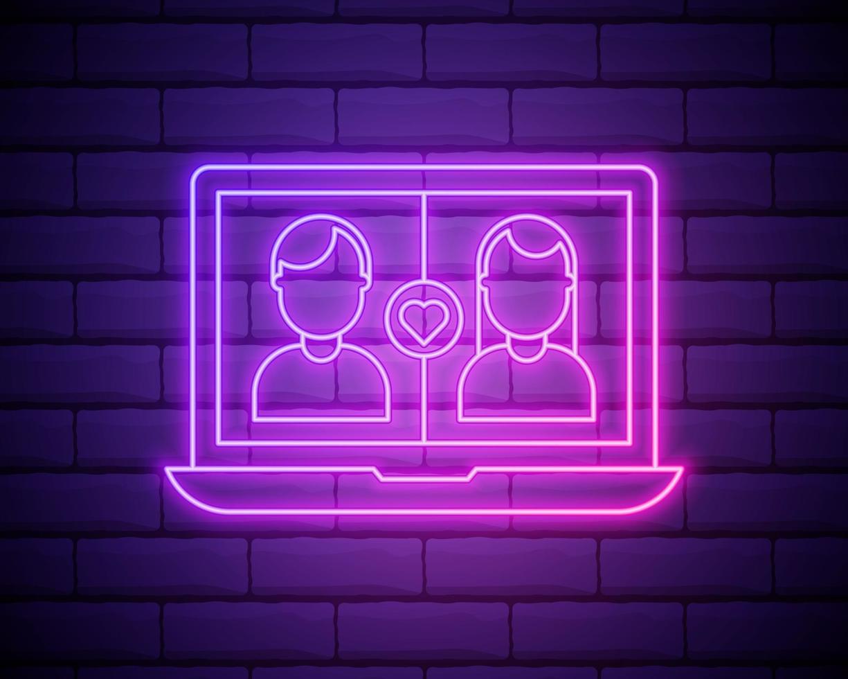 incandescente linea al neon online dating app e icona chat isolato su sfondo muro di mattoni. giornata internazionale della donna felice. illustrazione vettoriale