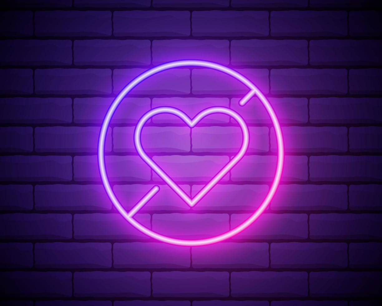 il divieto dell'icona al neon dell'amore. elementi dell'insieme dei divieti. icona semplice per siti Web, web design, app mobile, grafica informativa isolata su un muro di mattoni vettore