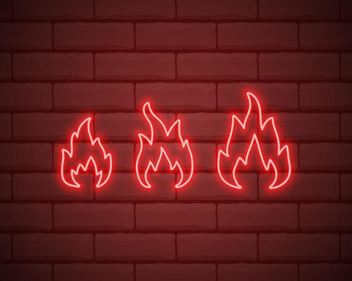 icona del fuoco al neon. elementi in icone di stile al neon. semplice icona di fiamma al neon per siti Web, web design, app mobile isolata su un muro di mattoni vettore