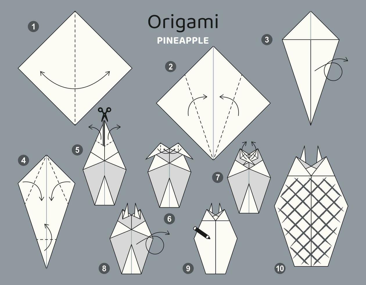 ananas origami schema lezione in movimento modello. origami per bambini. passo di passo Come per rendere un' carino origami frutta. vettore illustrazione.