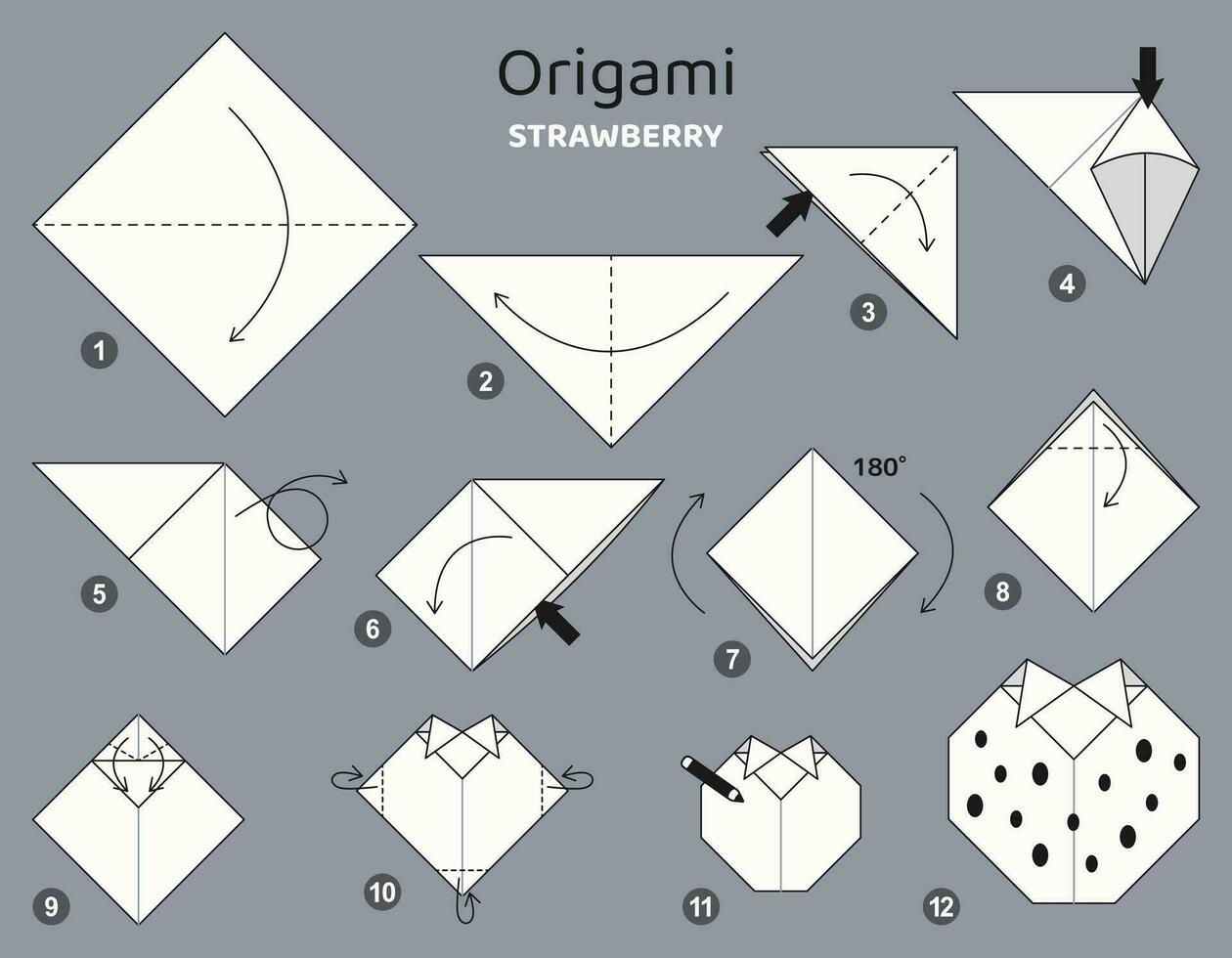 fragola origami schema lezione in movimento modello. origami per bambini. passo di passo Come per rendere un' carino origami bacca. vettore illustrazione.