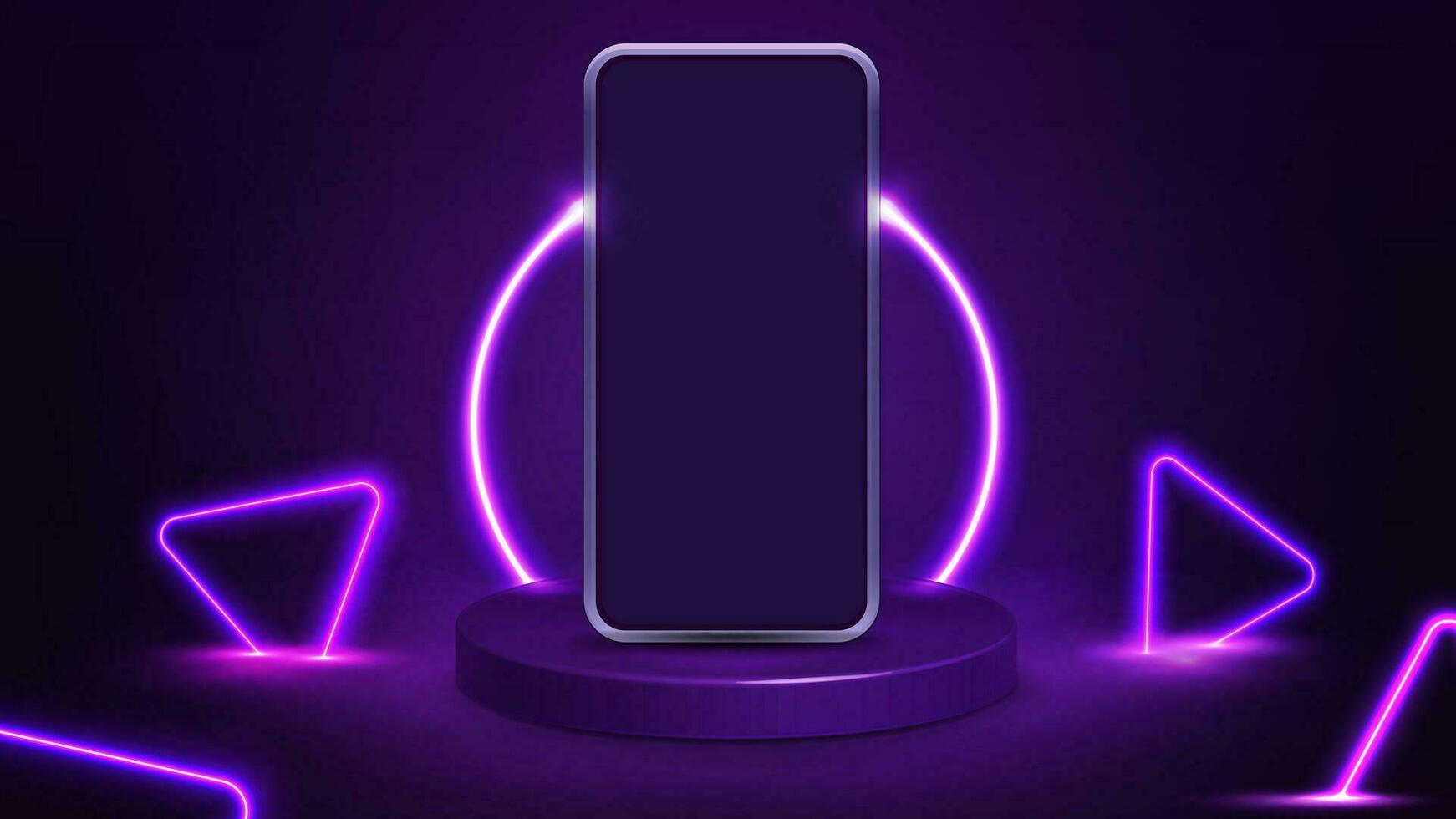 smartphone su viola podio con linea neon squillare su sfondo e neon viola triangoli intorno a. vettore