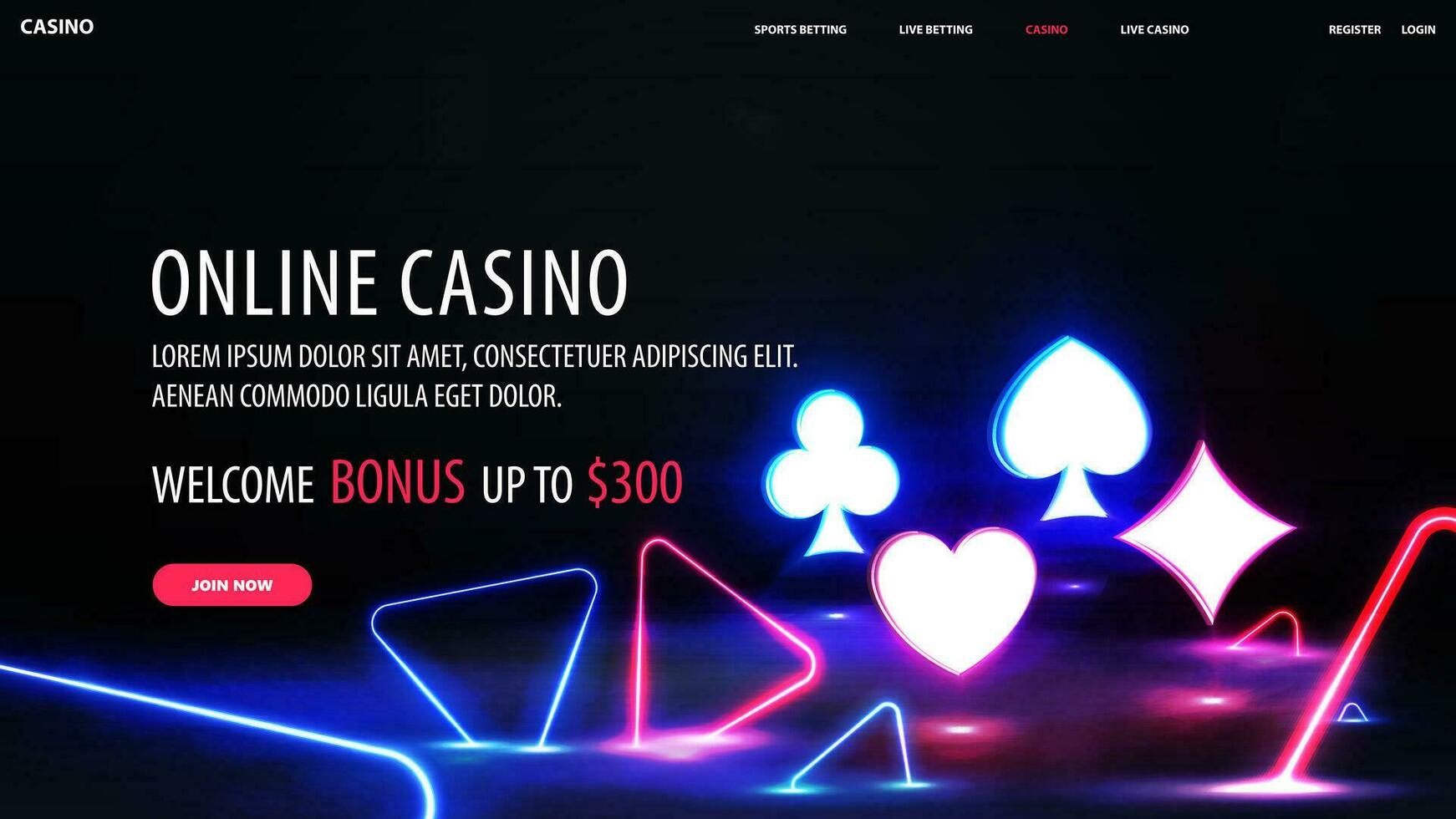 in linea casinò, benvenuto bonus, nero bandiera con offrire e neon 3d colorato simboli ponte di carte su nero sfondo. vettore