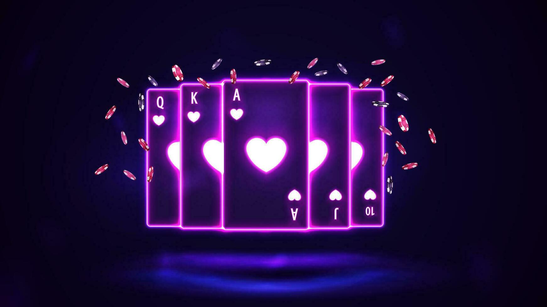 rosa brillare neon casinò giocando carte con poker patatine fritte nel buio vuoto scena, manifesto per il tuo arti vettore