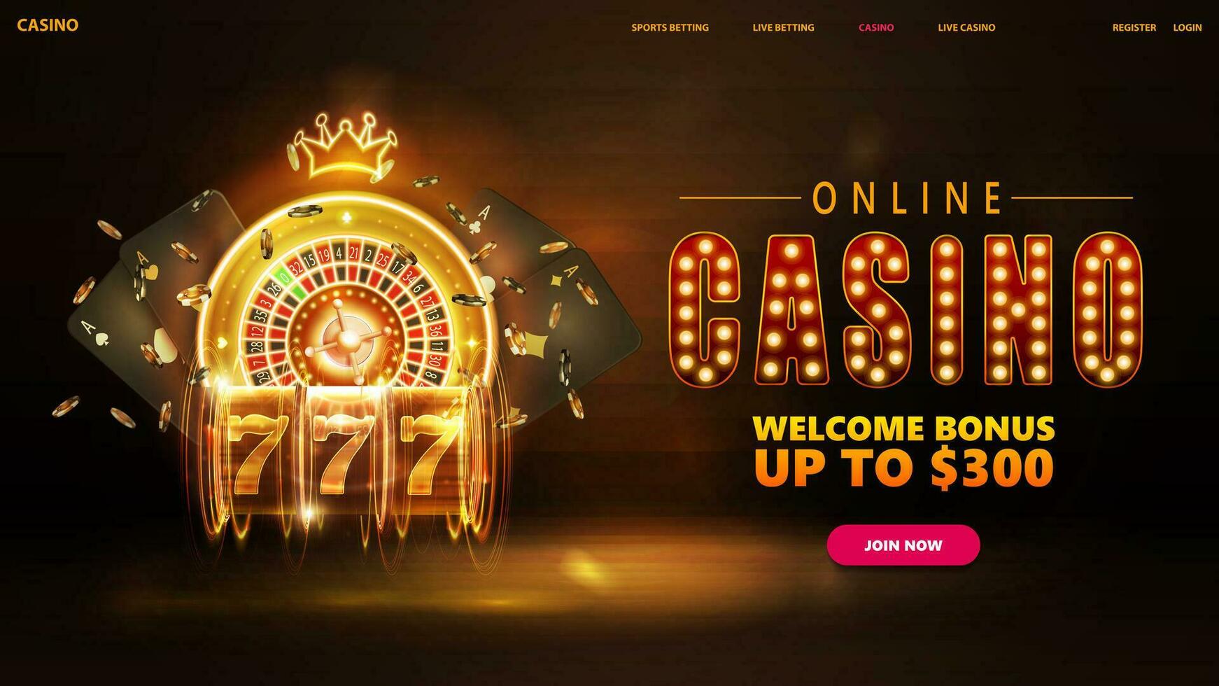 in linea casinò, bandiera per sito web con interfaccia elementi, titolo con oro lampada lampadine, neon oro casinò roulette, fessura macchina, nero giocando carte e poker patatine fritte vettore