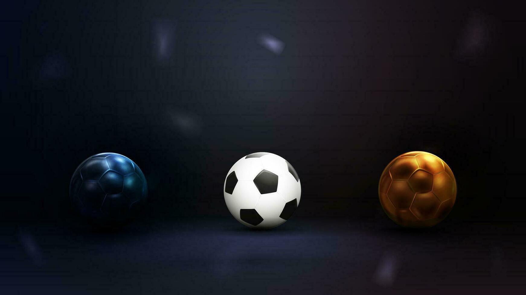 collezione di calcio palle isolato su buio sfondo. impostato di calcio palle vettore