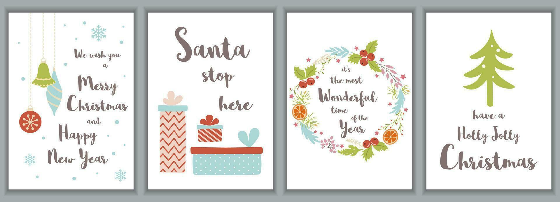 allegro Natale saluto carte impostato carino inviti modello isolato su sfondo. collezione con natale albero regalo scatola floreale ghirlanda nel mano disegnato cartone animato stile. vettore elementi per Natale design.