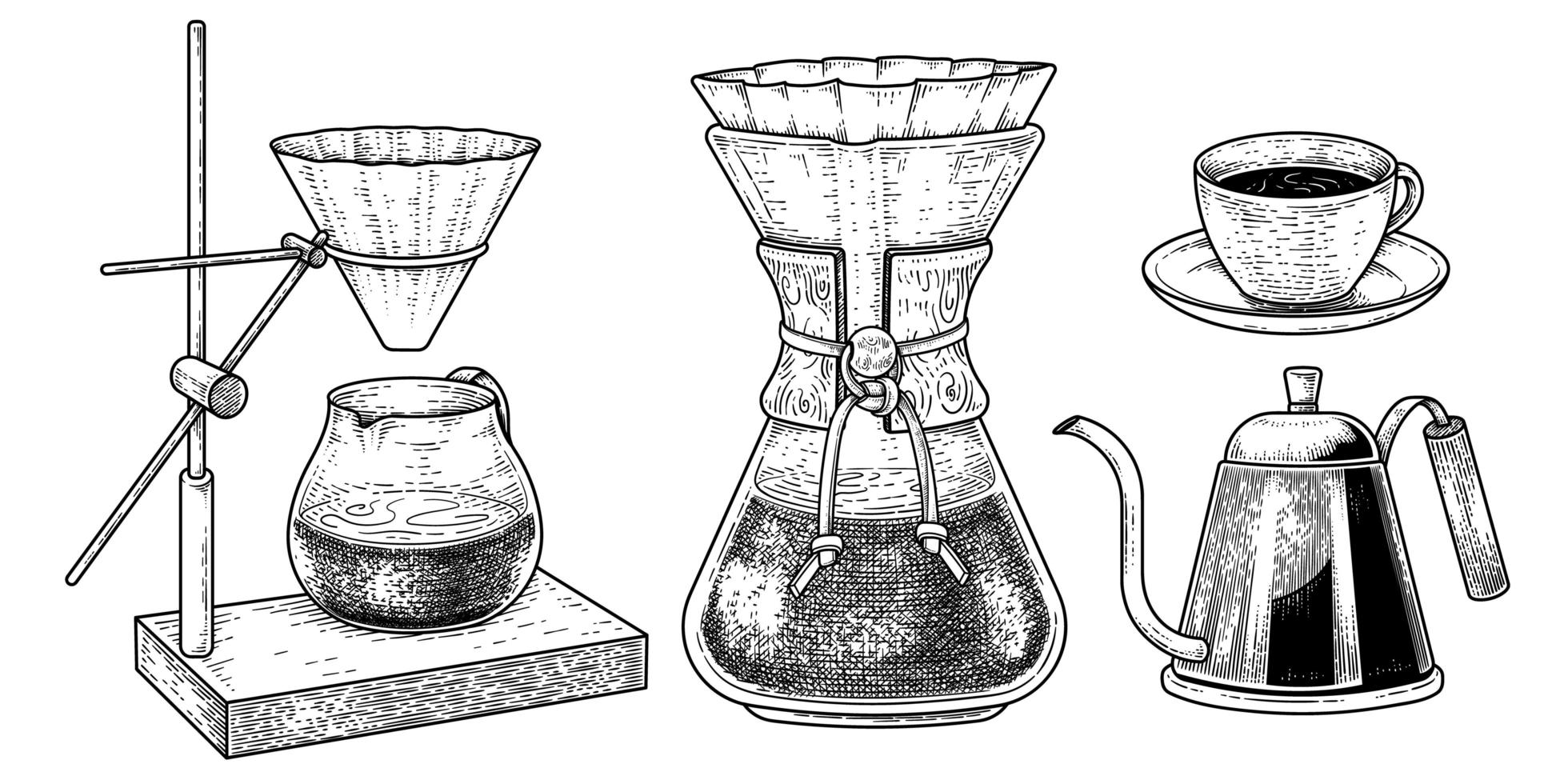 schizzo vettoriale set di strumenti per caffettiera. versatore a goccia, caffettiera a goccia con filtro, bollitore a goccia e illustrazione disegnata a mano della tazza di caffè