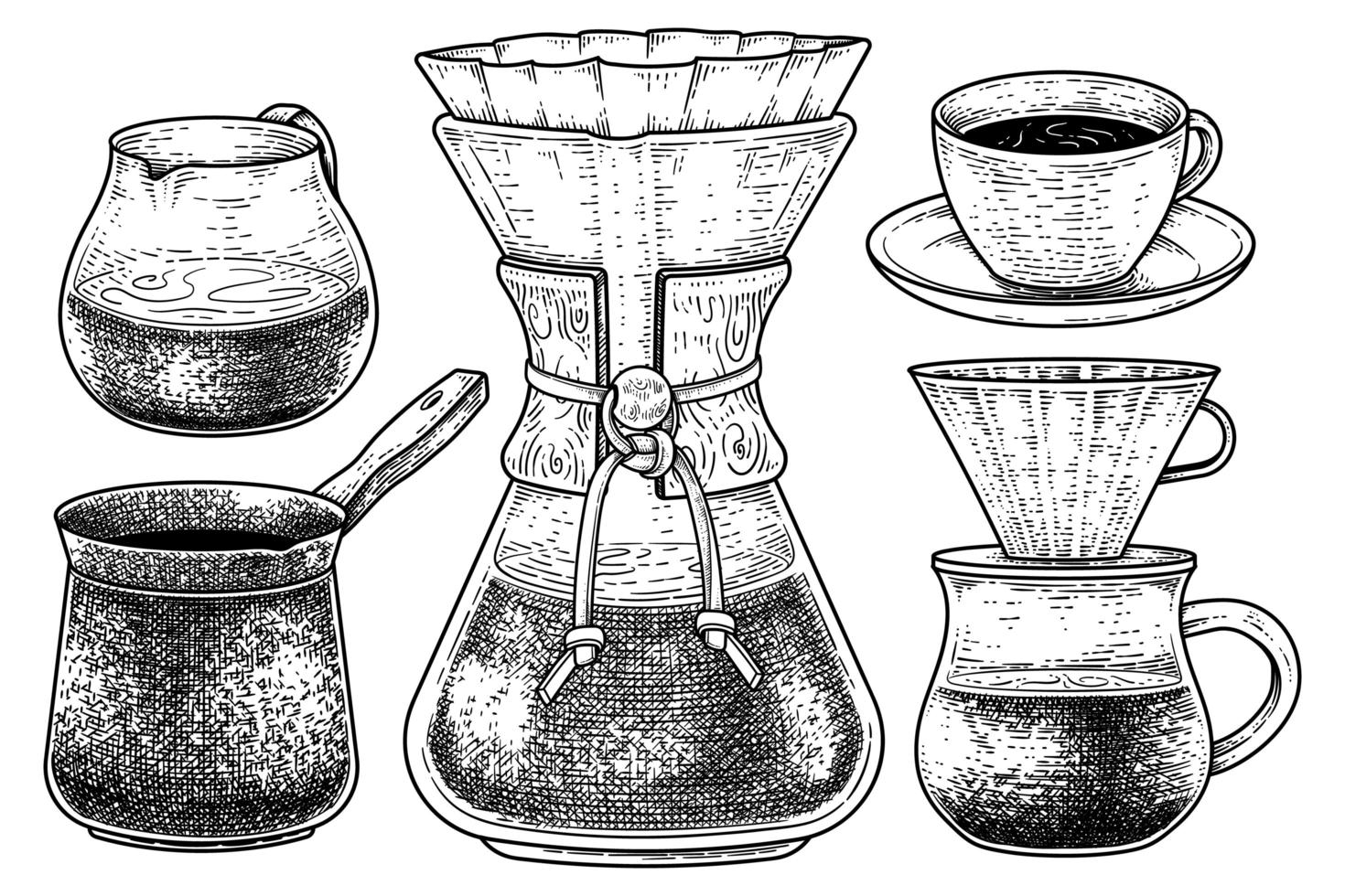 schizzo vettoriale set di strumenti per caffettiera. un bicchiere, una caffettiera turca, una caffettiera con filtro a goccia, una tazza di caffè e un'illustrazione disegnata a mano con versamento a goccia