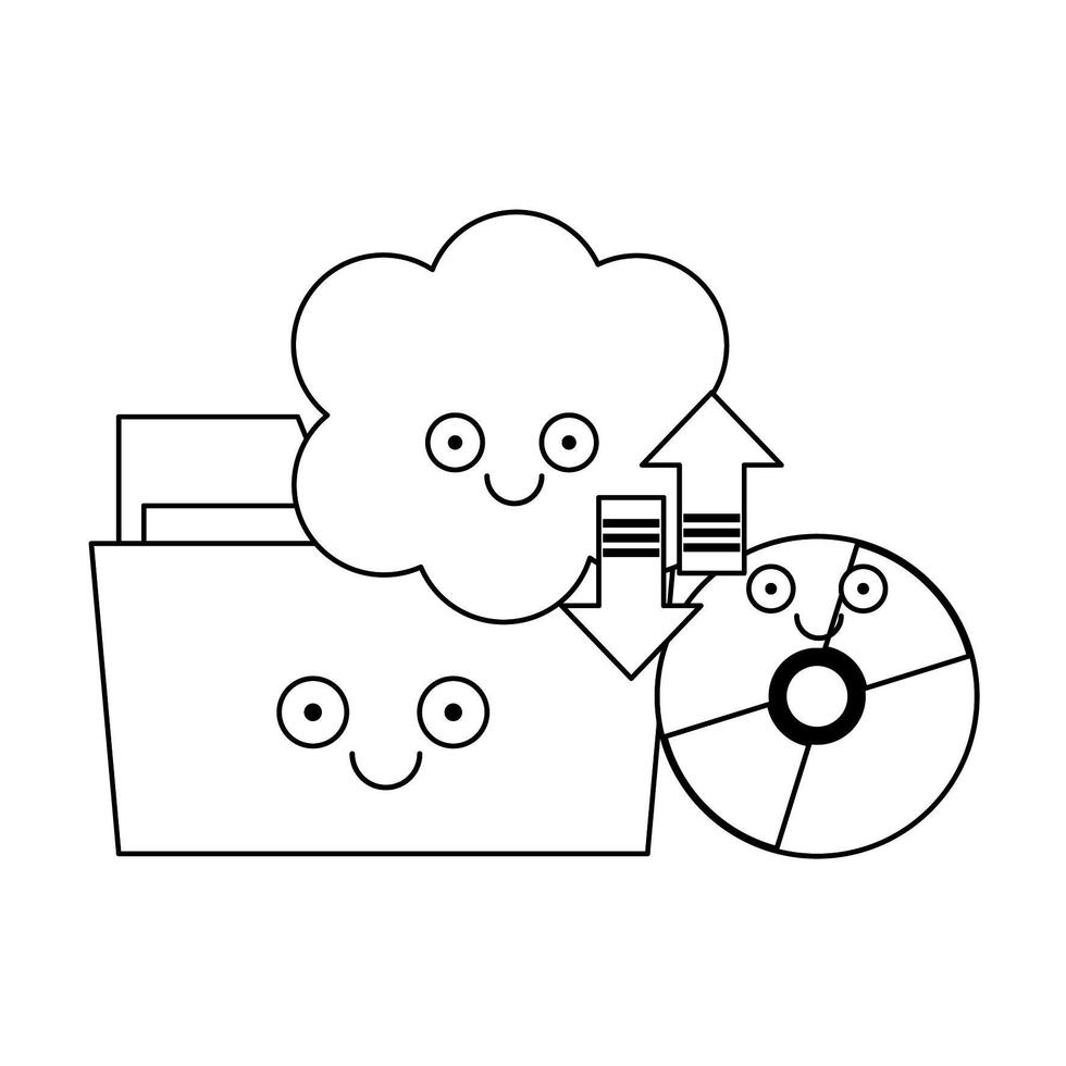 cartella e cd rom con cloud computing in bianco e nero vettore