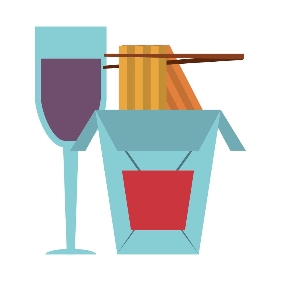 ristorante cibo e cucina bicchiere con vino e cibo cinese con icona bacchette cartoni animati illustrazione vettoriale graphic design