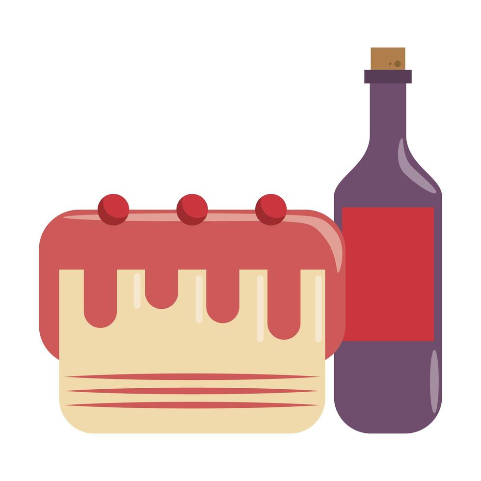 ristorante cibo e cucina bottiglia con vino e torta con ciliegie icona cartoni animati illustrazione vettoriale graphic design
