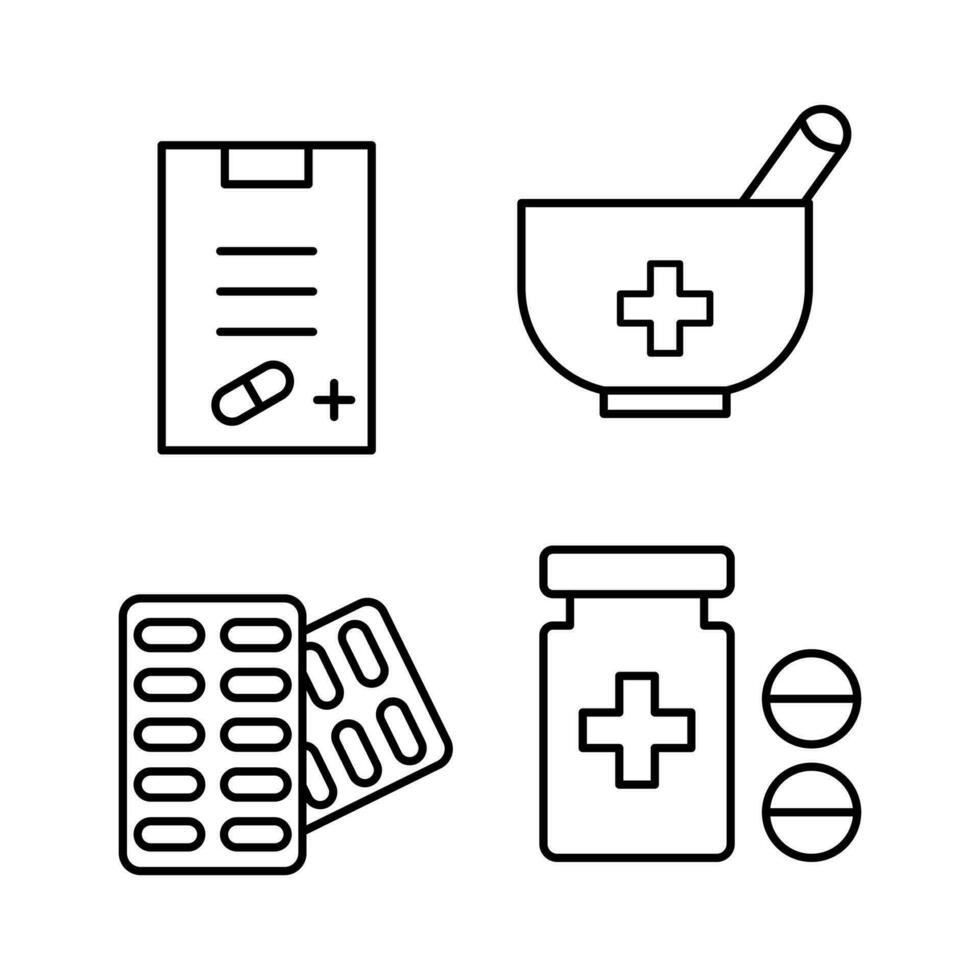 farmacia icona impostare. droghe, droghe, prescrizioni. bianca sfondo isolato icona vettore collezione