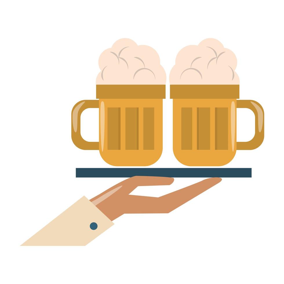 bevanda liquore e bevanda mano che tiene un vassoio con due grandi bicchieri di birra sull'icona cartoni animati illustrazione vettoriale graphic design