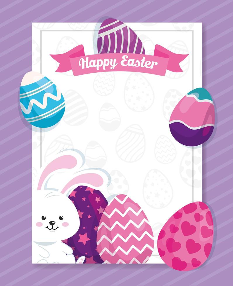carta di buona pasqua con coniglio e uova decorate vettore