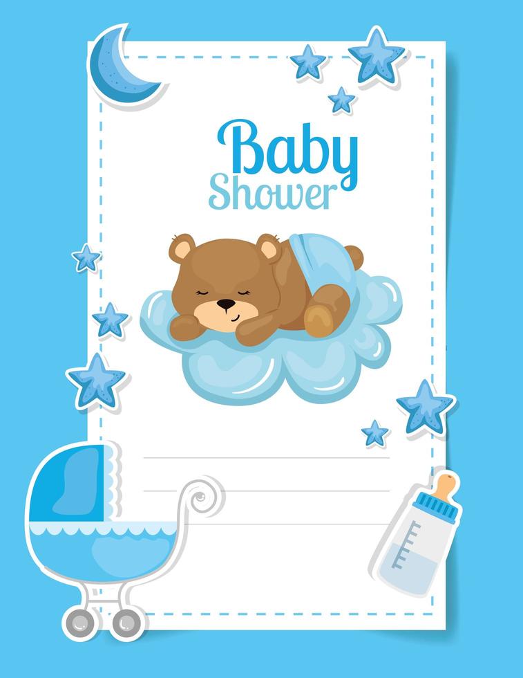 biglietto per baby shower con simpatico orsetto e decorazione vettore