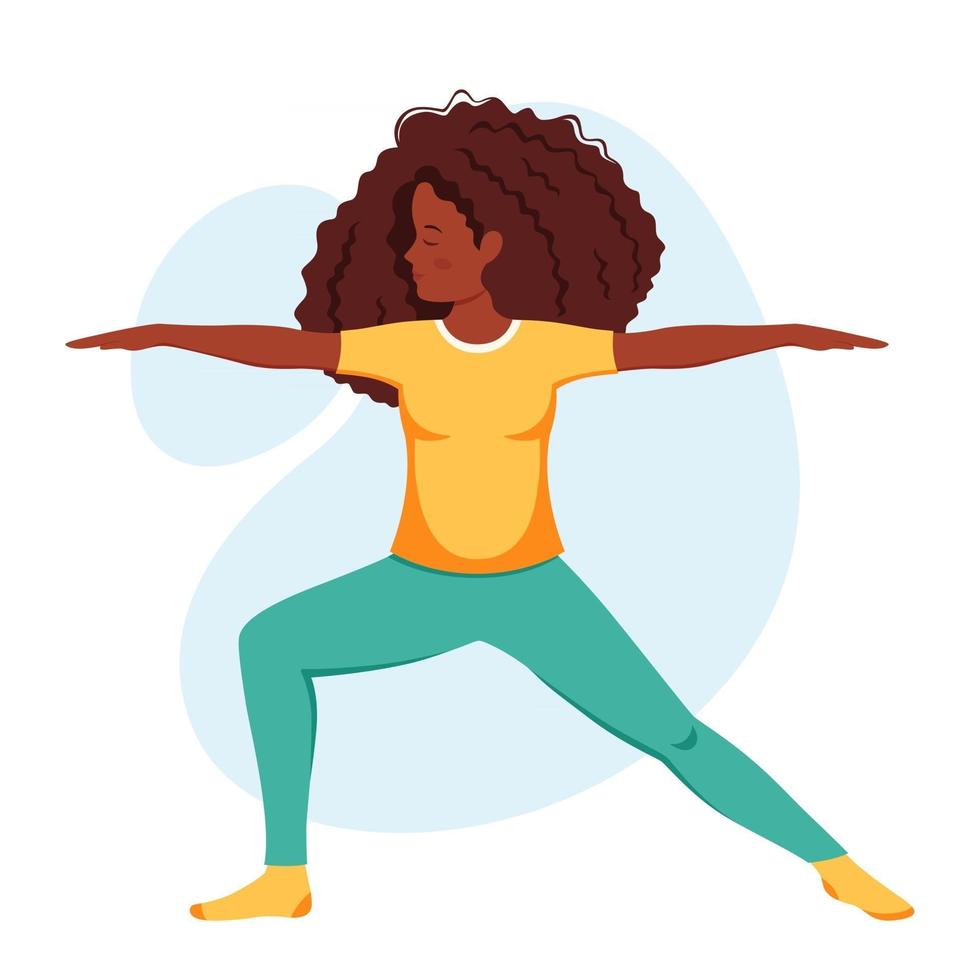 donna afroamericana che pratica yoga. stile di vita sano, relax, meditazione vettore