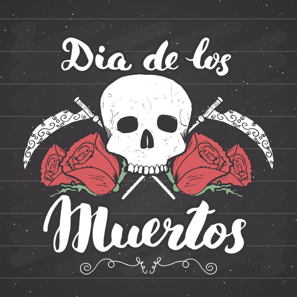 giorno dei morti, citazione scritta con teschio e rose disegnati a mano, etichetta vintage, design tipografico o stampa t-shirt, illustrazione vettoriale
