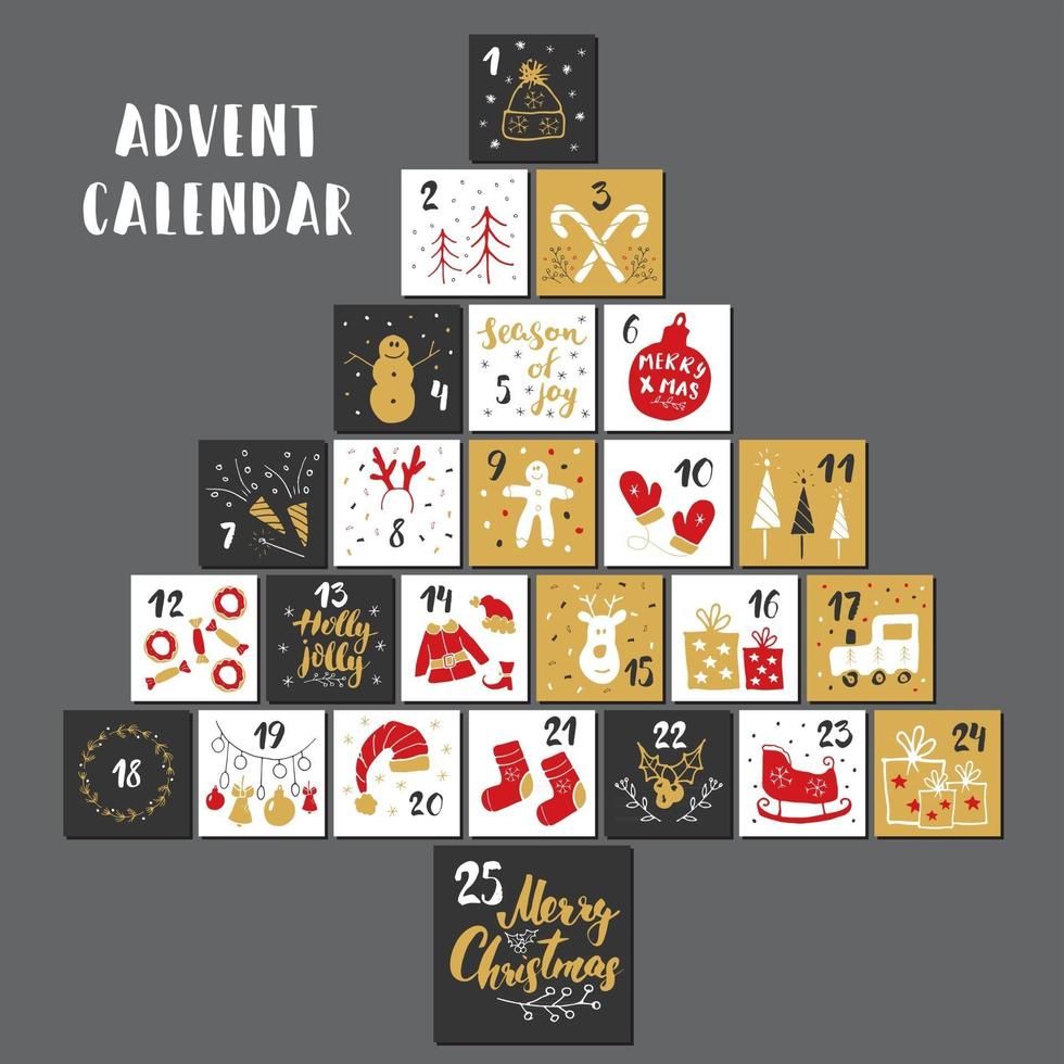 calendario dell'avvento di natale. elementi e numeri disegnati a mano. carte del calendario di vacanze invernali scenografia, illustrazione vettoriale