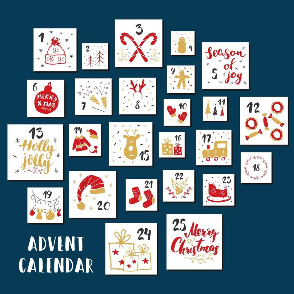 calendario dell'avvento di natale. elementi e numeri disegnati a mano. carte del calendario di vacanze invernali scenografia, illustrazione vettoriale