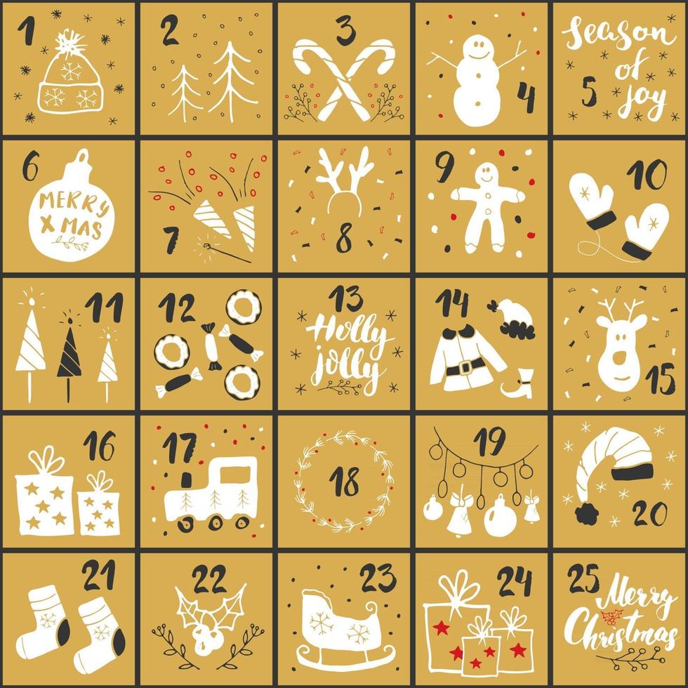 calendario dell'avvento di natale. elementi e numeri disegnati a mano. carte del calendario di vacanze invernali scenografia, illustrazione vettoriale