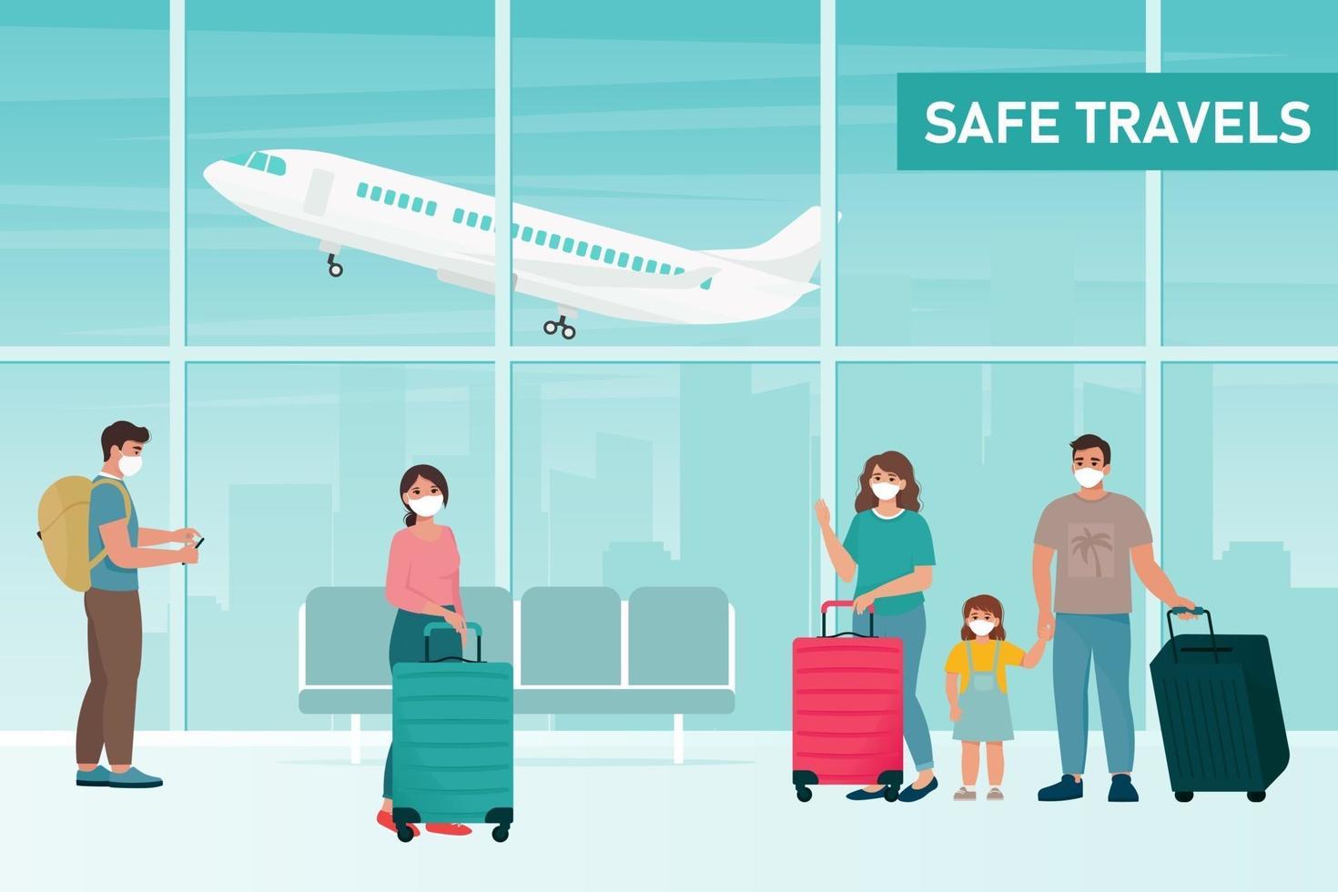 persone con mascherine di protezione in aeroporto. concetto di viaggio sicuro, durante la pandemia di coronavirus. illustrazione vettoriale in stile piatto
