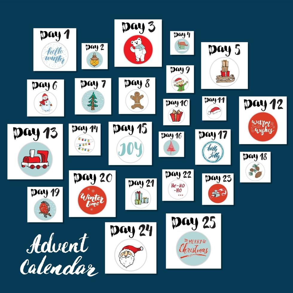 calendario dell'avvento di natale. elementi e numeri disegnati a mano. carte del calendario di vacanze invernali scenografia, illustrazione vettoriale