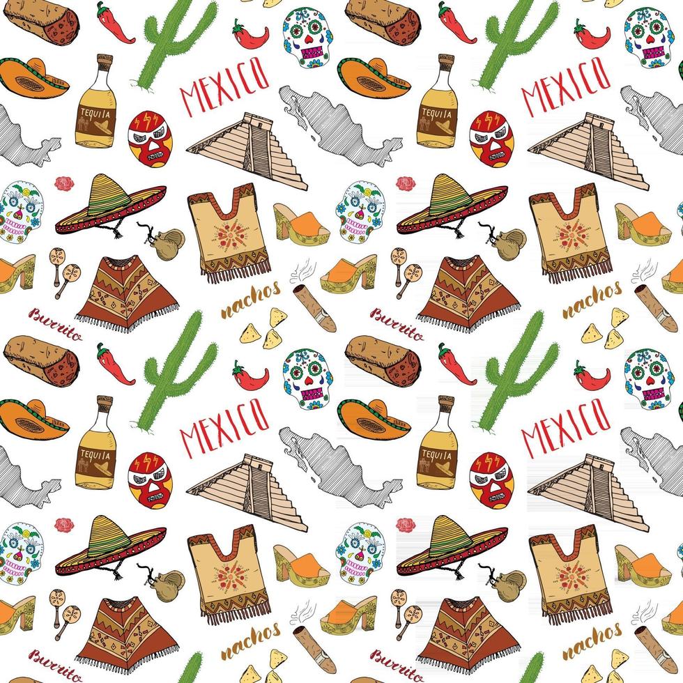 elementi di doodle del reticolo senza giunte del Messico, cappello sombrero tradizionale messicano sagoma schizzo disegnato a mano, avvio, poncho, cactus e bottiglia di tequila, peperoncino, chitarra. sfondo di illustrazione vettoriale