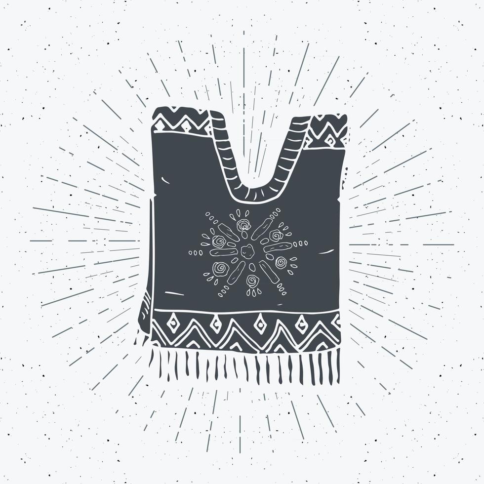 etichetta vintage, schizzo di abbigliamento tradizionale messicano poncho disegnato a mano, distintivo retrò con texture grunge, disegno dell'emblema, stampa di t-shirt tipografica, illustrazione vettoriale