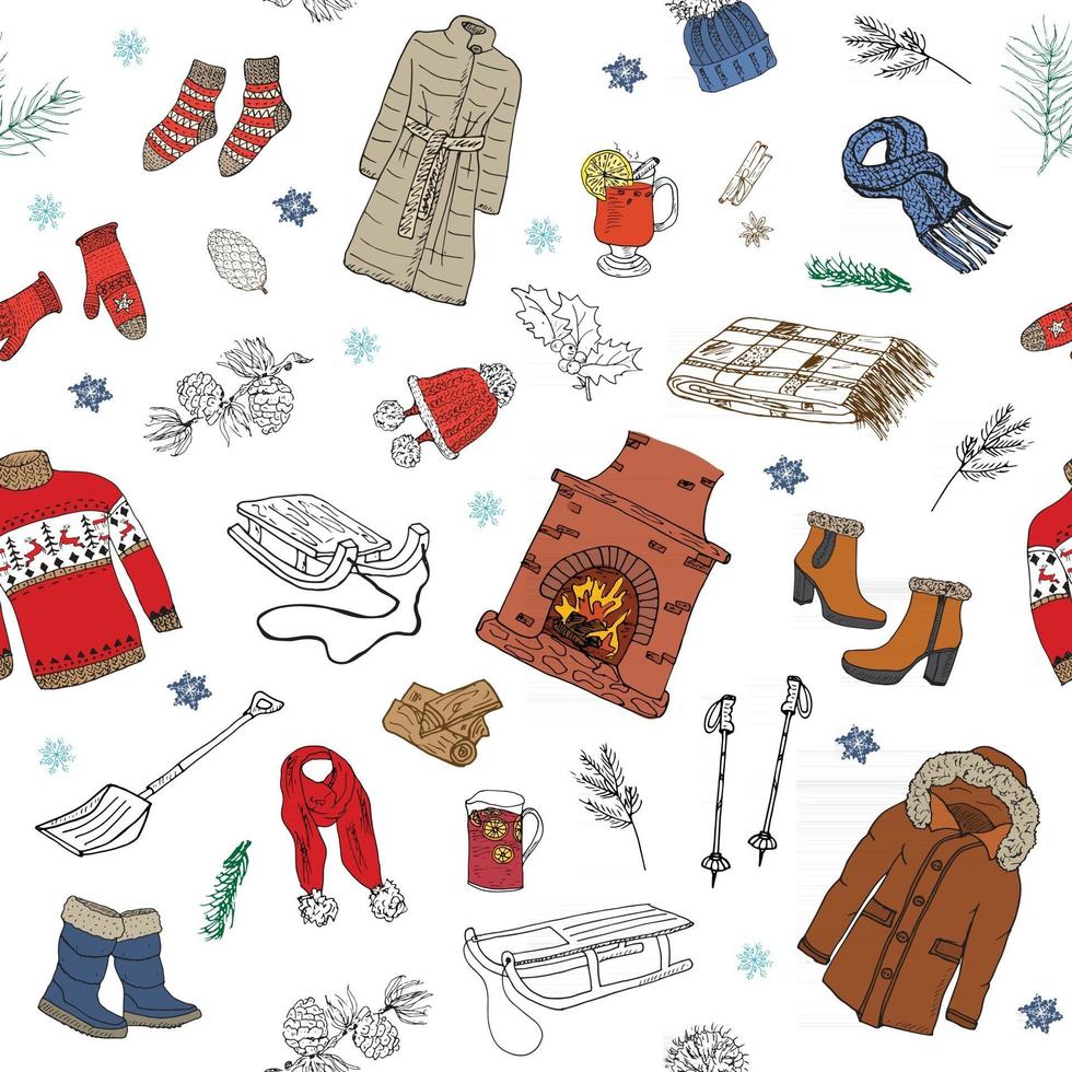 stagione invernale doodle vestiti senza cuciture. elementi di schizzo disegnati a mano calzini caldi, guanti e cappelli. illustrazione di sfondo vettoriale a strisce.