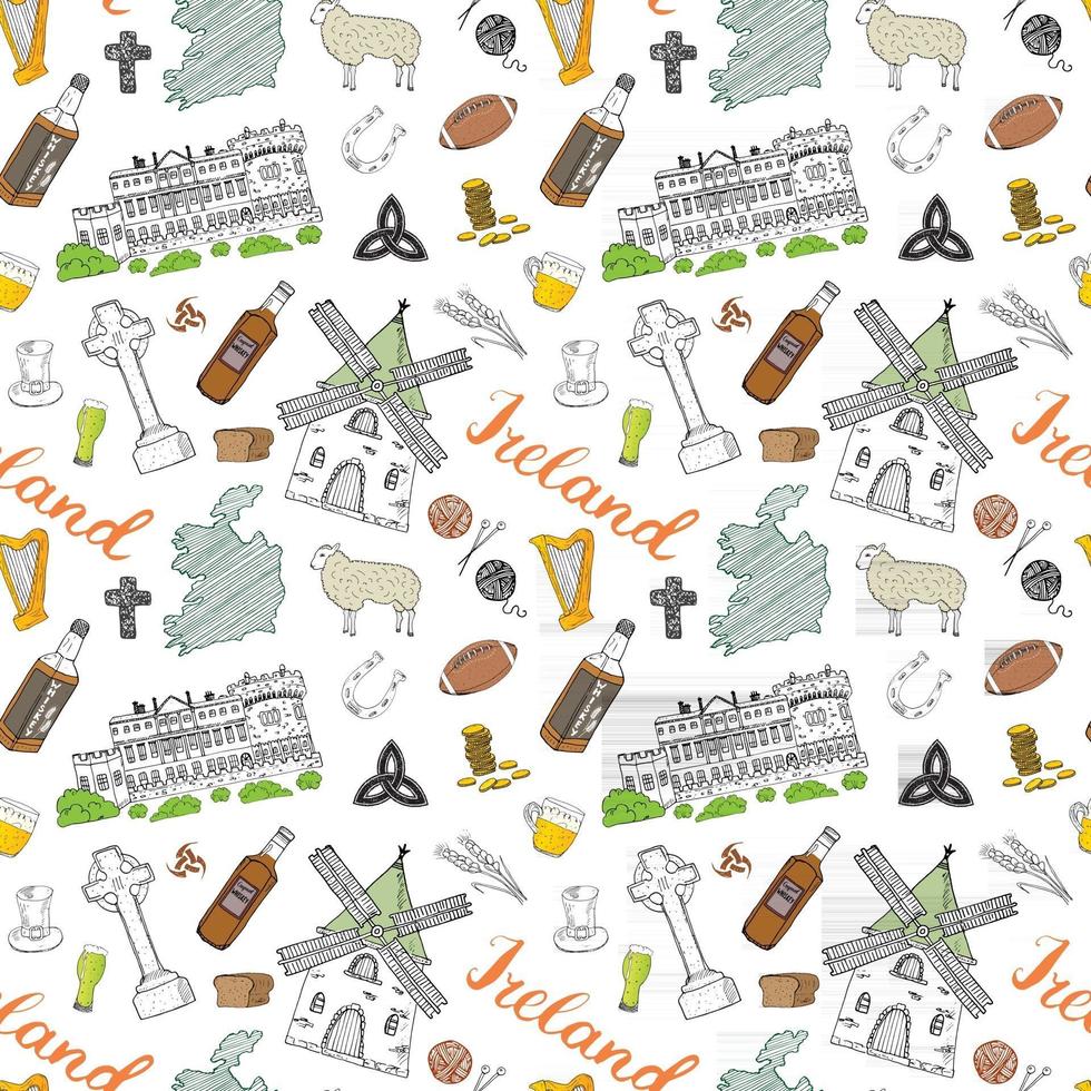 irlanda schizzo scarabocchi seamless pattern. elementi irlandesi con bandiera e mappa dell'Irlanda, croce celtica, castello, trifoglio, arpa celtica, mulino e pecore, bottiglie di whisky e birra irlandese, illustrazione vettoriale