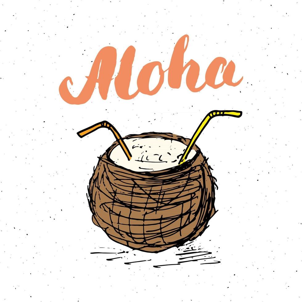 lettering parola aloha con schizzo disegnato a mano cocco design tipografico segno, illustrazione vettoriale