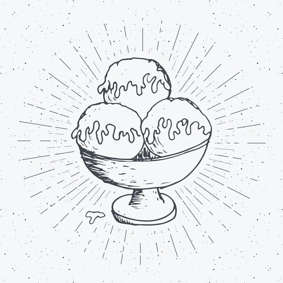 schizzo di gelato, etichetta vintage, distintivo strutturato grunge disegnato a mano, modello di logo retrò, illustrazione vettoriale di disegno di tipografia.