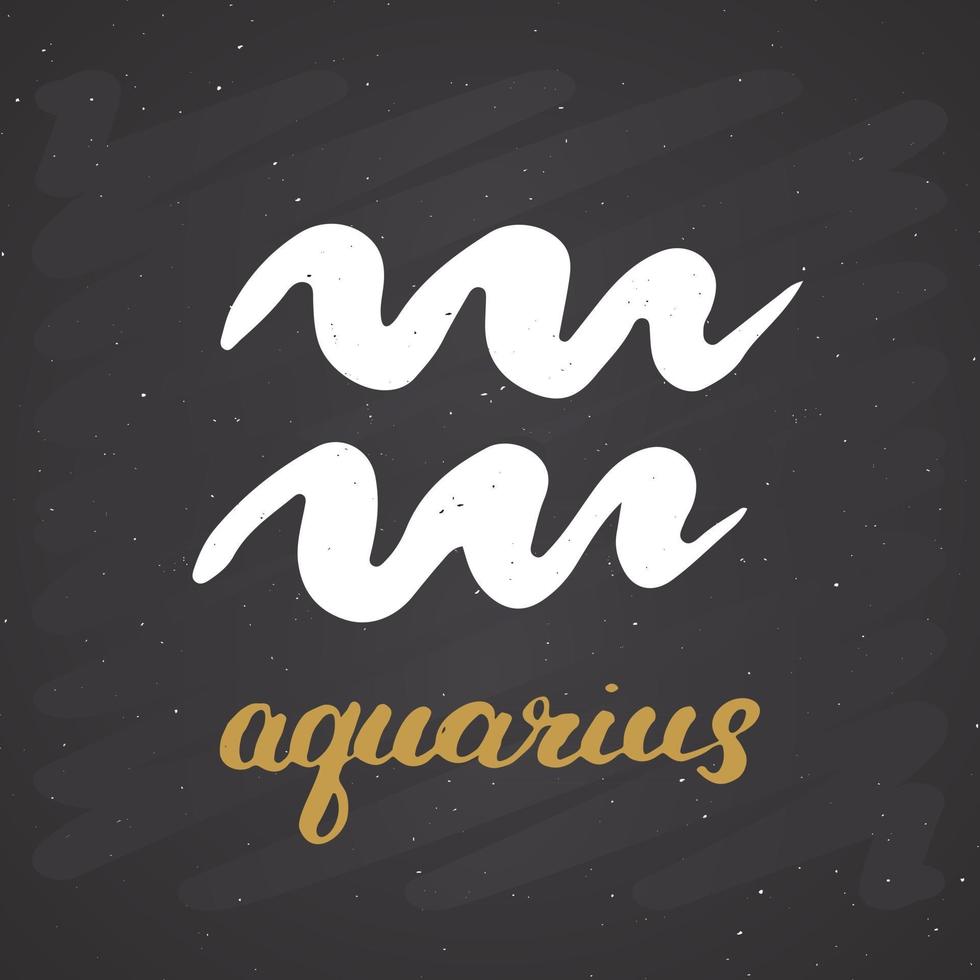 segno zodiacale acquario e scritte. simbolo di astrologia oroscopo disegnato a mano, design testurizzato grunge, stampa tipografica, illustrazione vettoriale