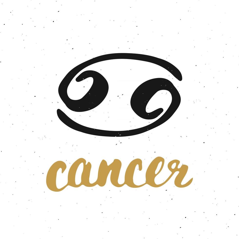 segno zodiacale cancro e scritte. simbolo di astrologia oroscopo disegnato a mano, design testurizzato grunge, stampa tipografica, illustrazione vettoriale