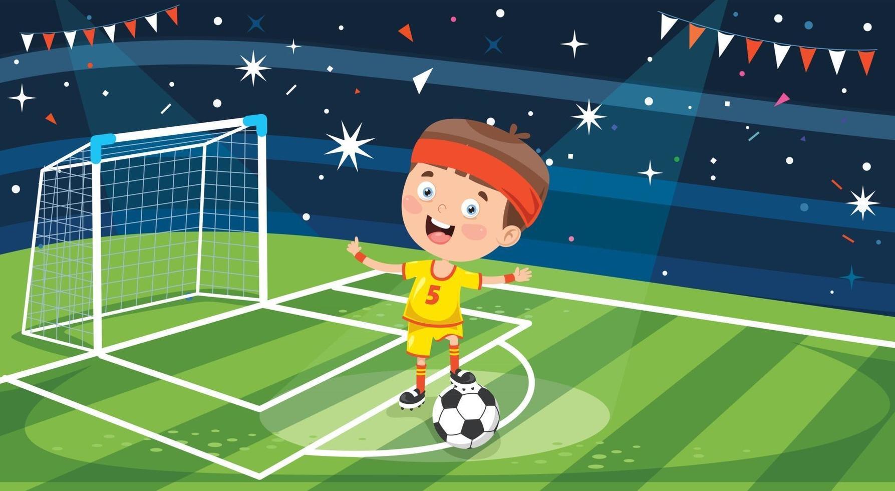 bambino che gioca a calcio all'aperto vettore