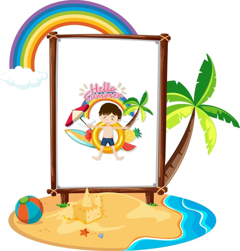 logo del ragazzino sul banner nella scena della spiaggia isolata vettore