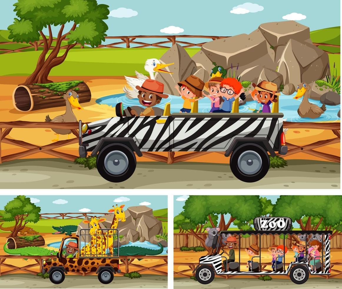 diverse scene di safari con animali e personaggi dei cartoni animati per bambini vettore