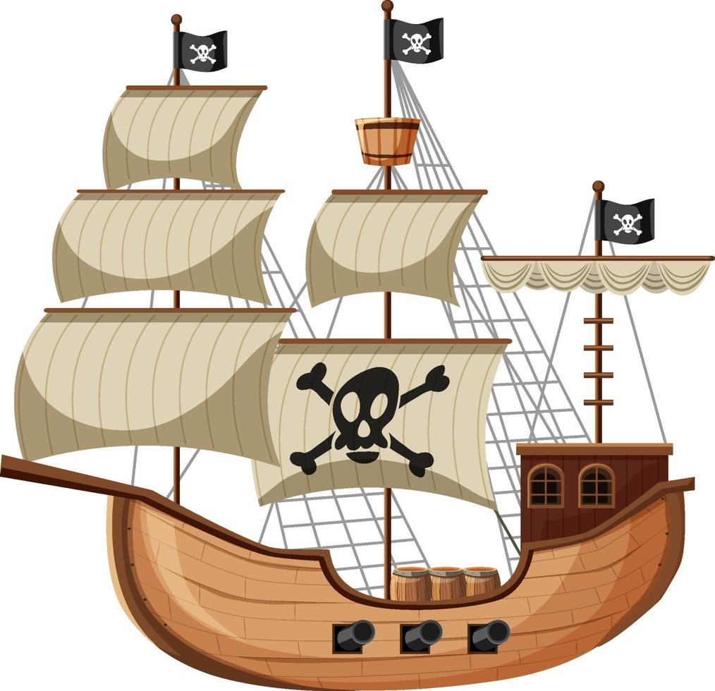 nave pirata in stile cartone animato isolato su sfondo bianco vettore