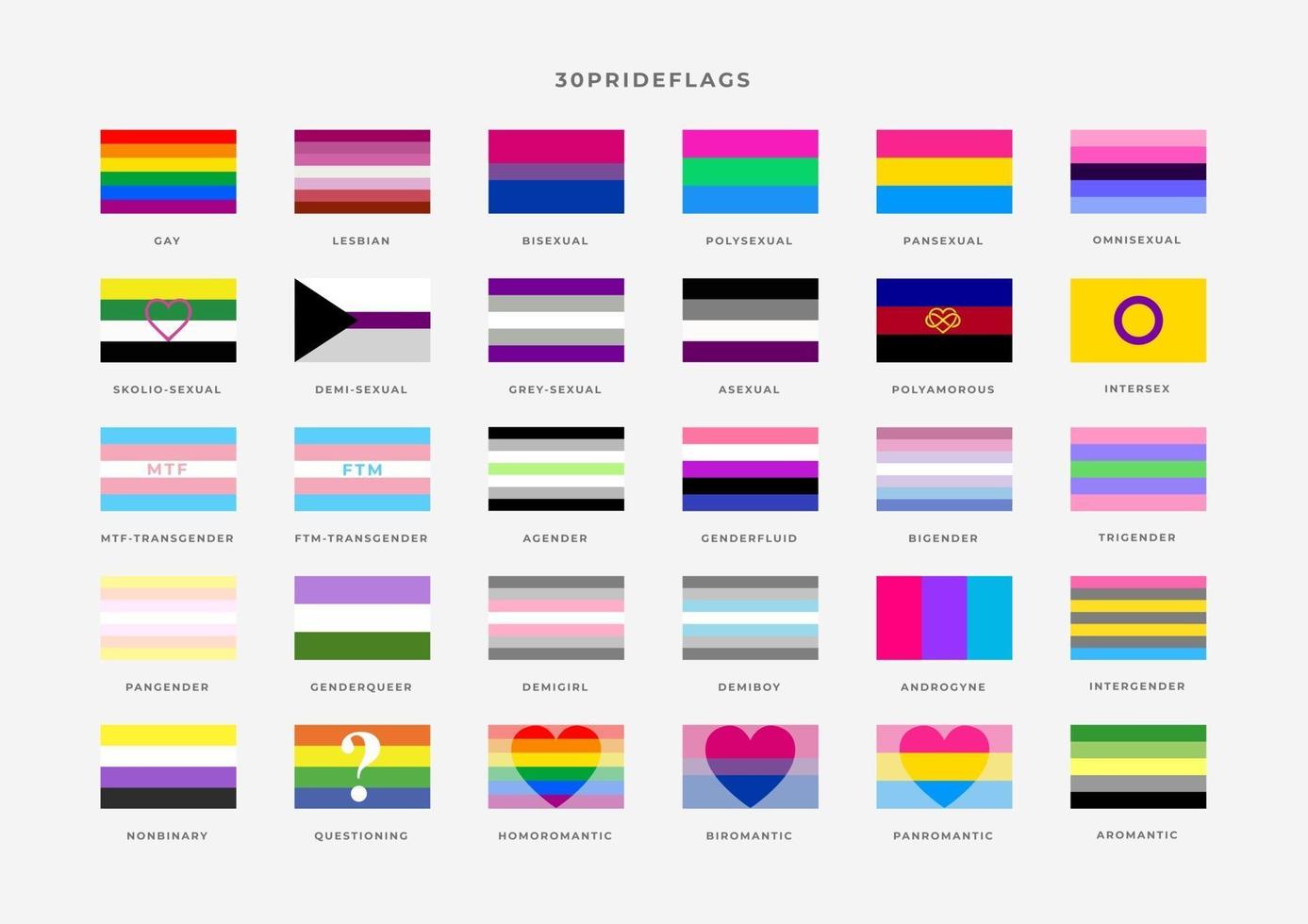 set di bandiere dell'orgoglio di identità. mese dell'orgoglio bandiera di gay, transgender, bisessuali, lesbiche ecc. vettore