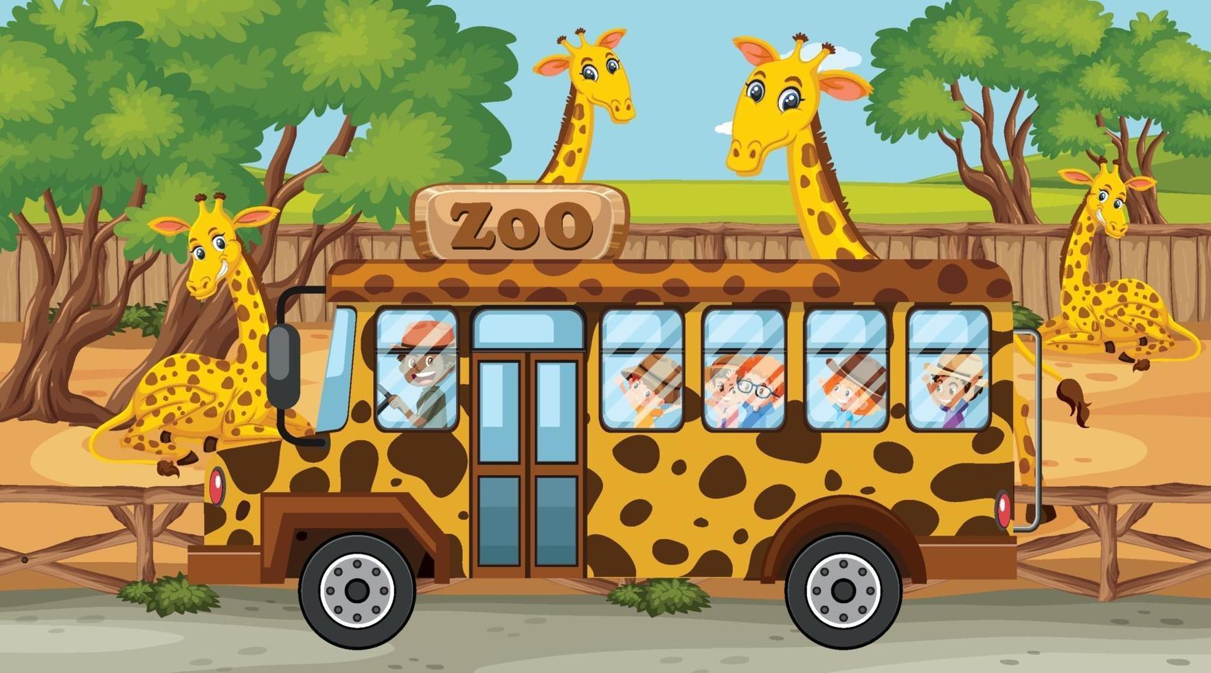 scena di safari con molte giraffe e bambini in autobus turistico vettore