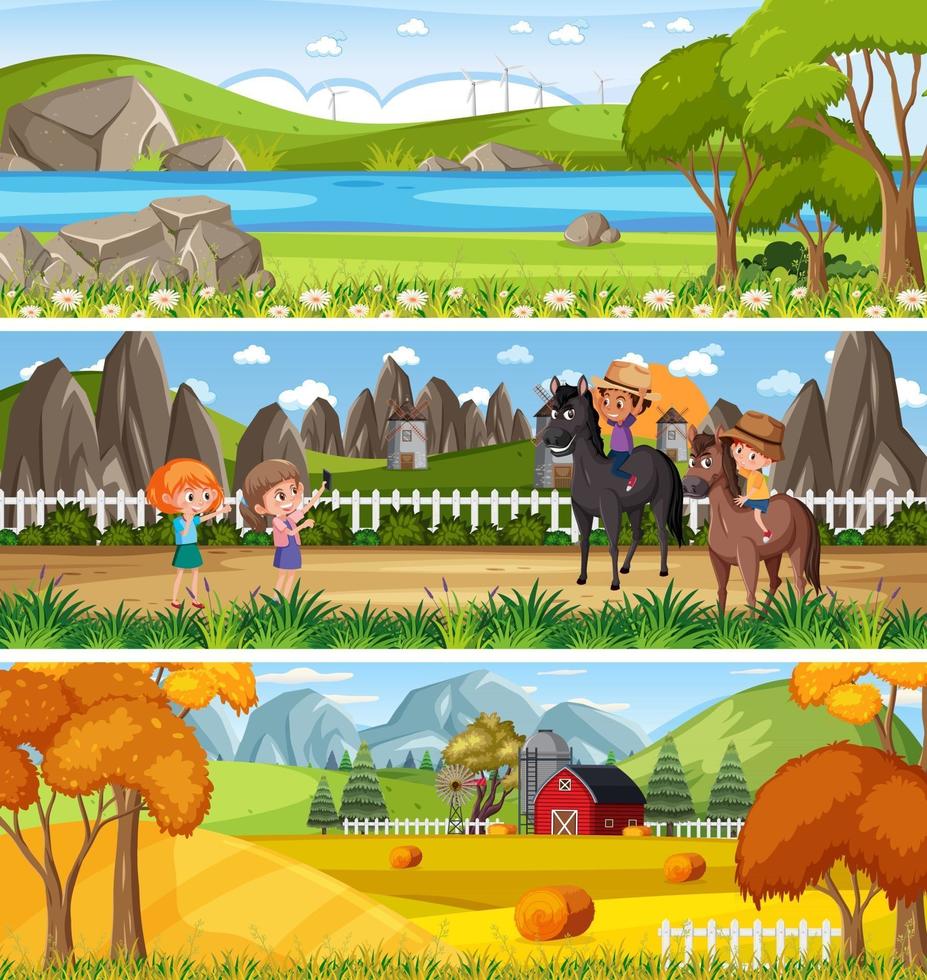paesaggio naturale diverso nella scena diurna con personaggio dei cartoni animati vettore