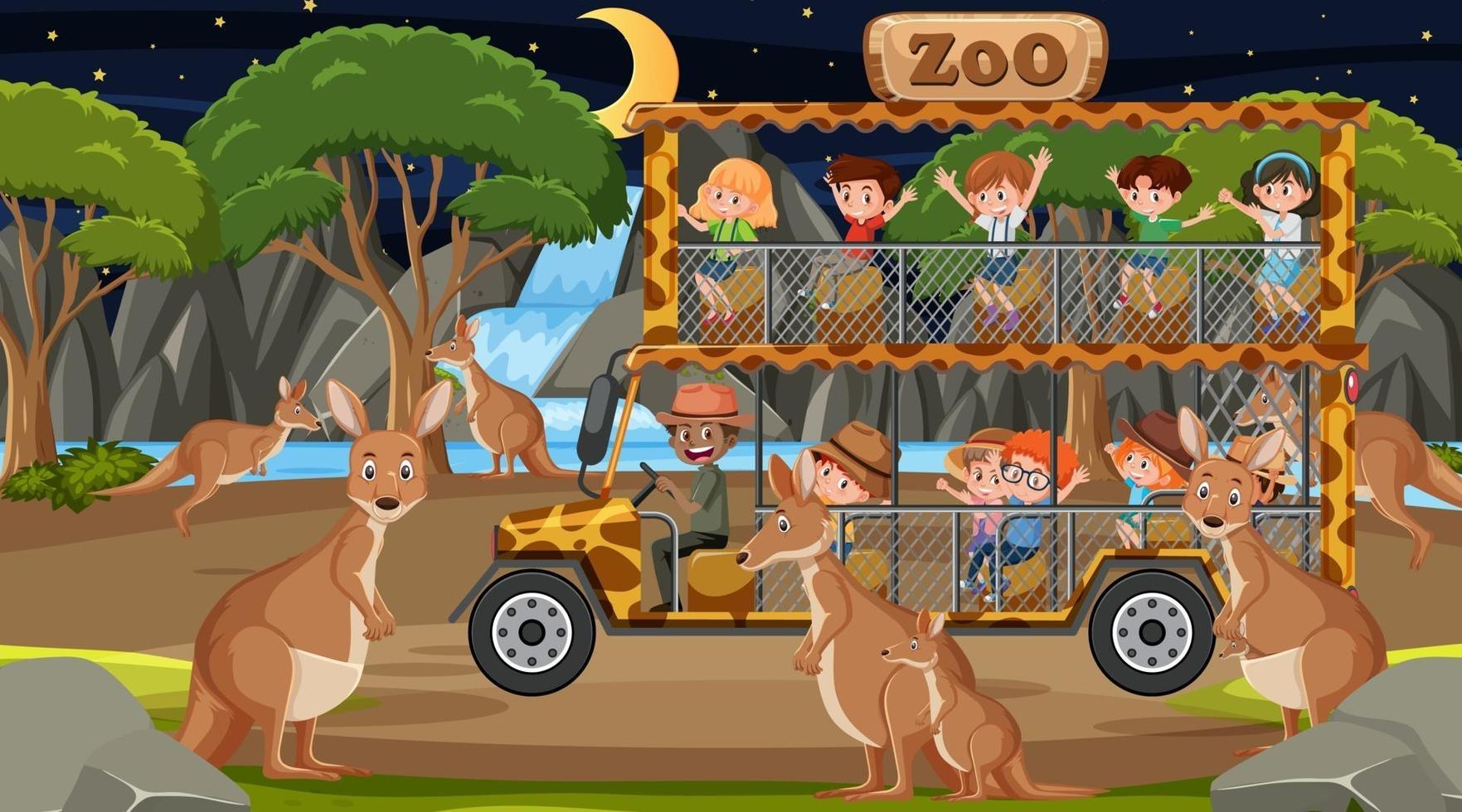safari in scena notturna con bambini che guardano un gruppo di canguri vettore