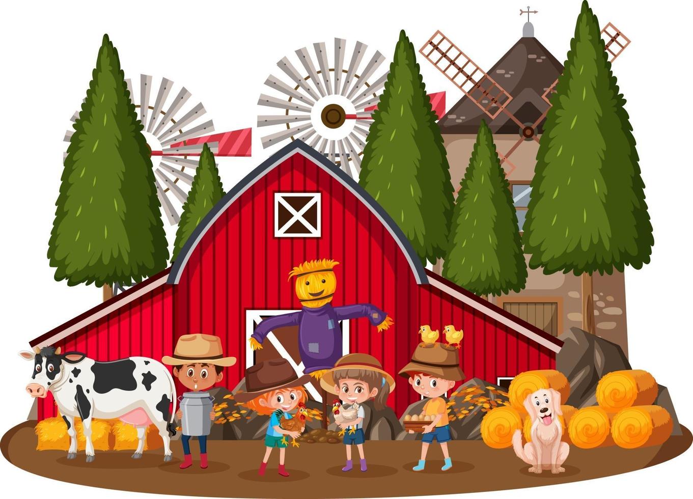 casa contadina con molti bambini e animali da fattoria su sfondo bianco vettore
